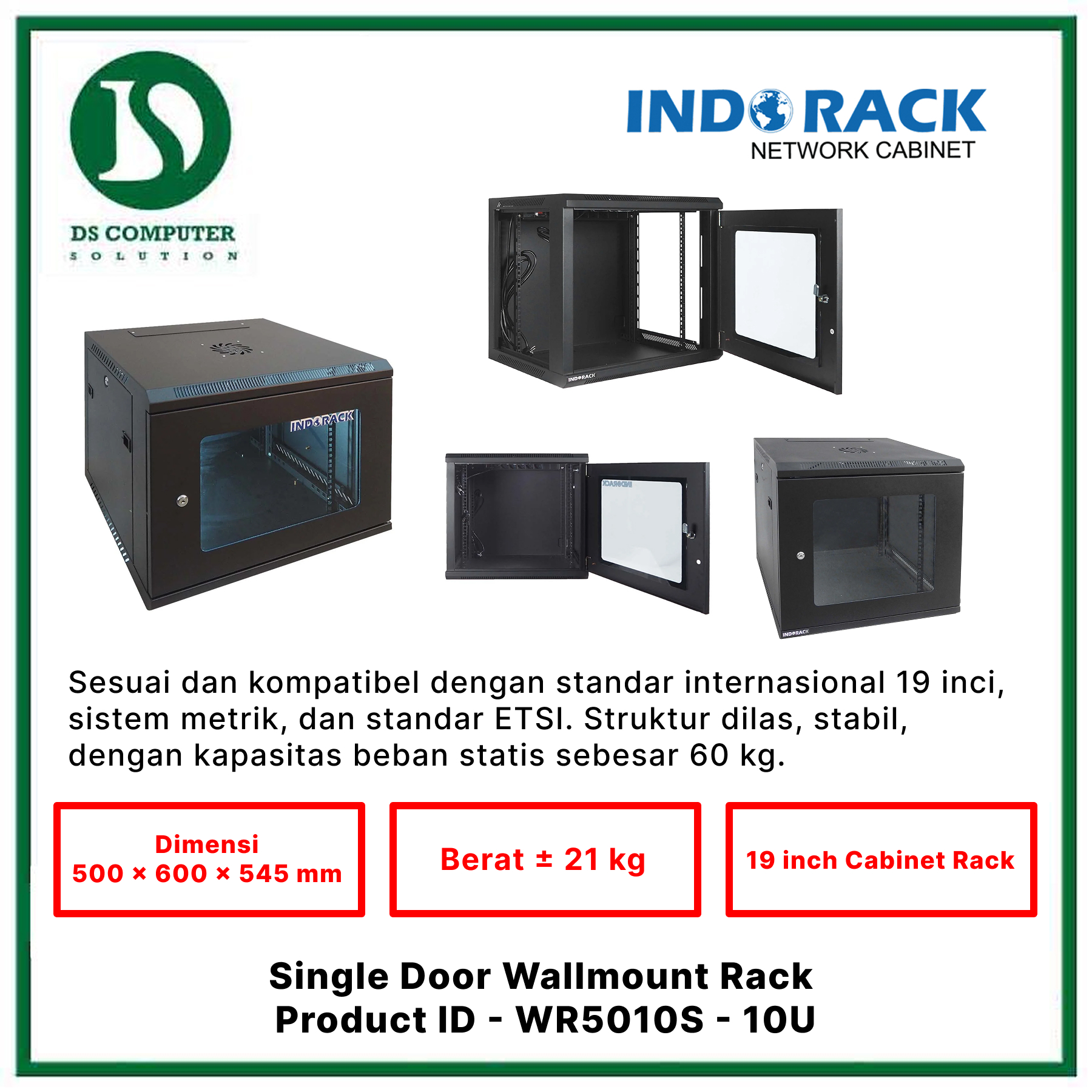 WR5010S Indorack Wallmount 10U Depth 500mm - Include Accessories