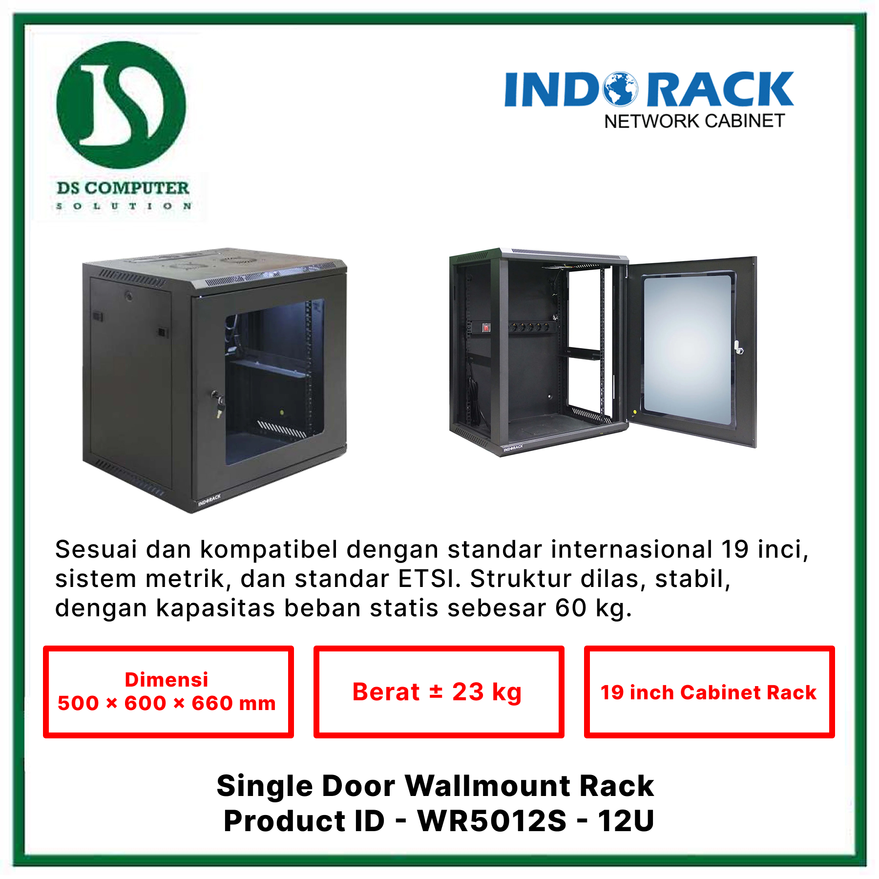 WR5012S Indorack Wallmount 12U Depth 500mm - Include Accessories